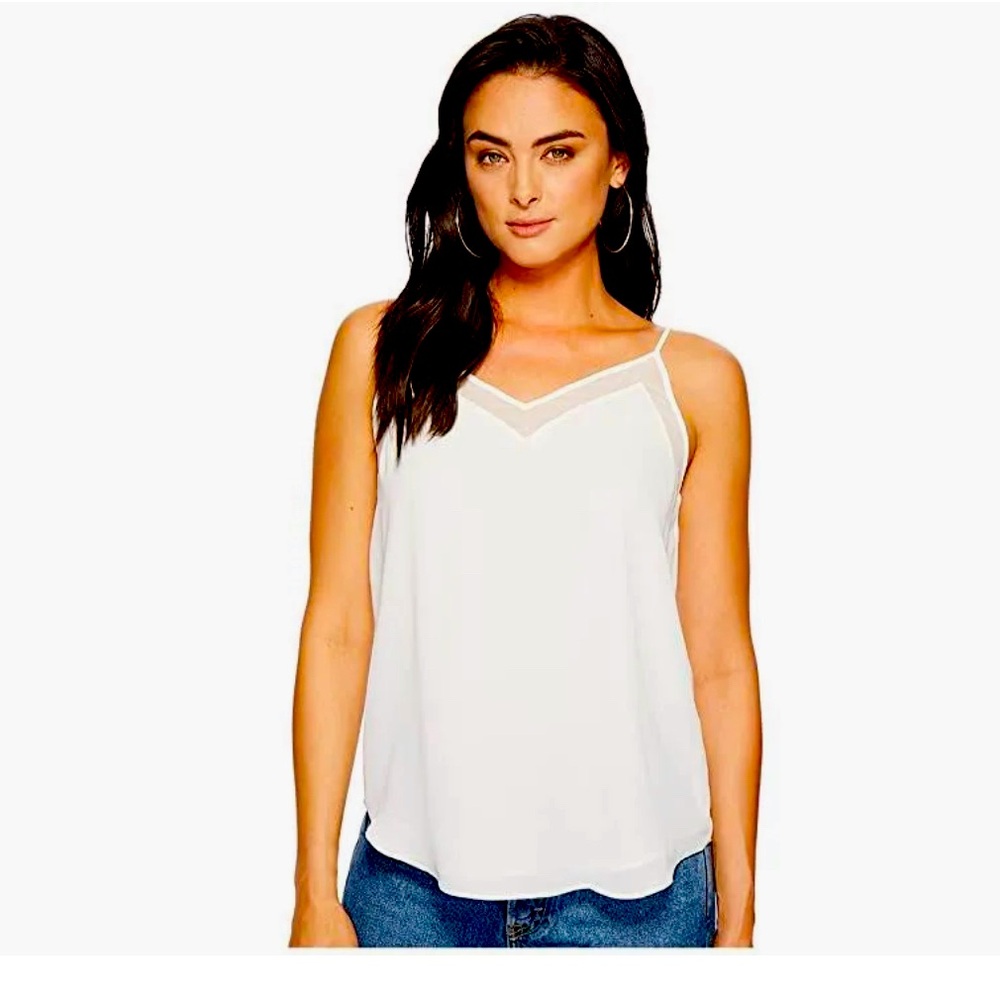 NWT, 1. STATE, Chiffon Inset V-Neck Spaghetti Strap Cami. Color White, Size XS